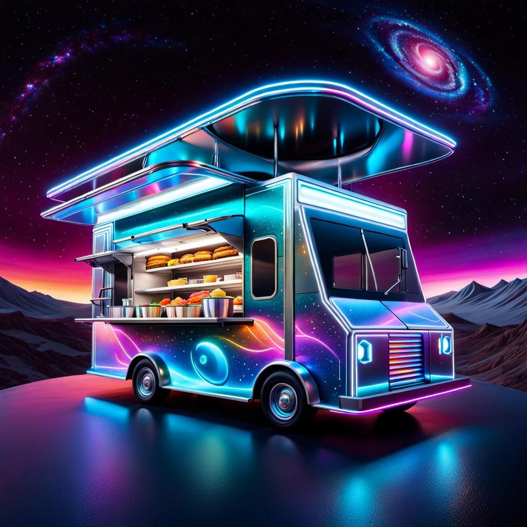 A  futuristic food truck in space