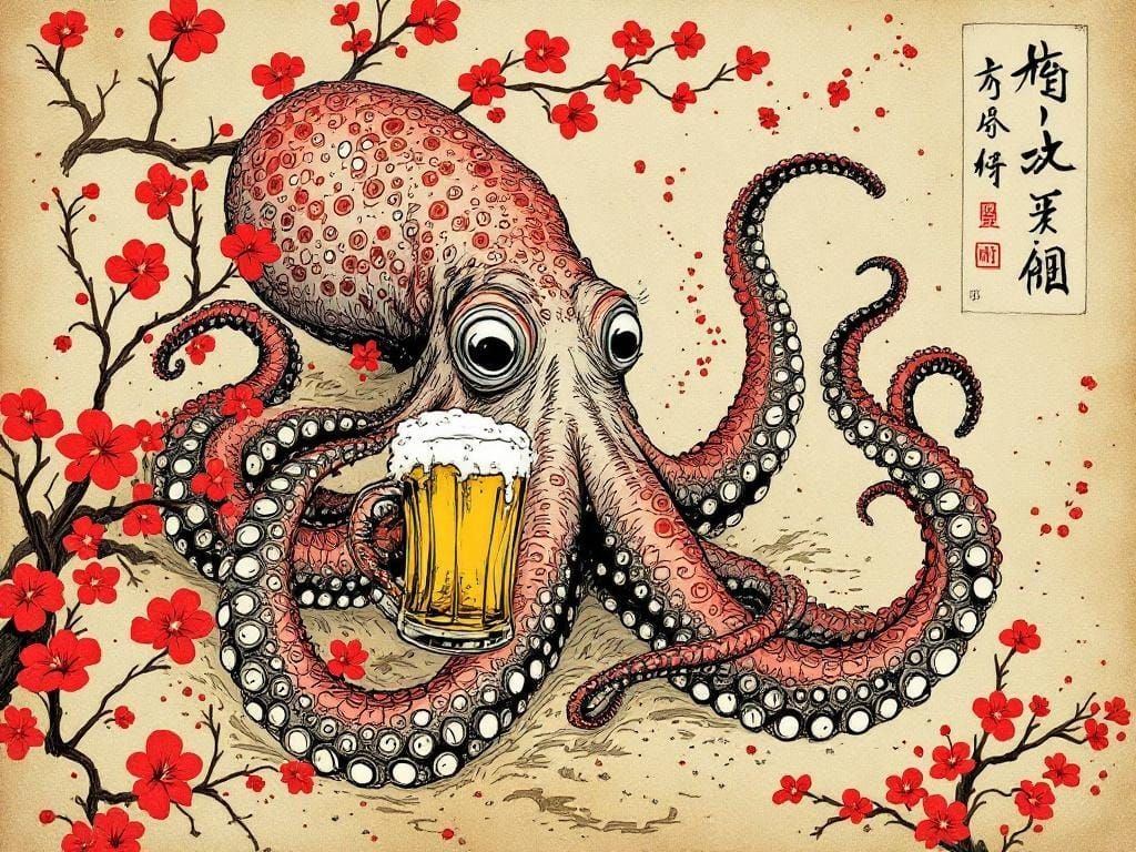 Tipsy Octopus in Plum Blossom Shower, Japanese Scroll Art