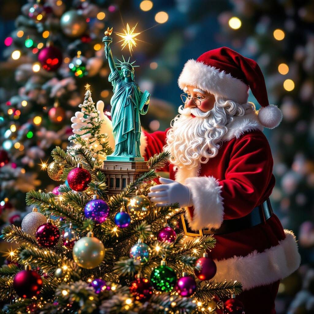 Santa Claus Decorates Christmas Tree With Luminous Statue of...