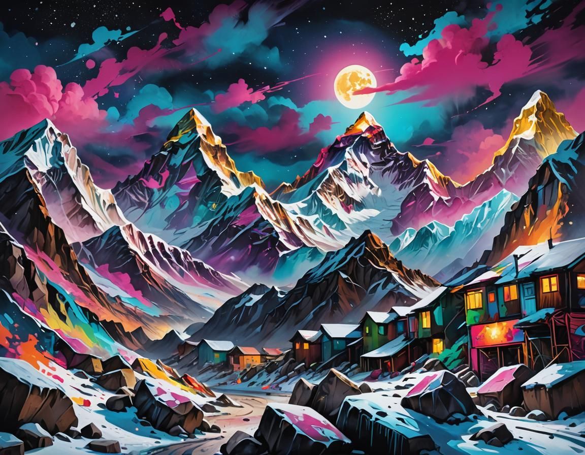 Everest Graffiti Art at Night in Street Art Style