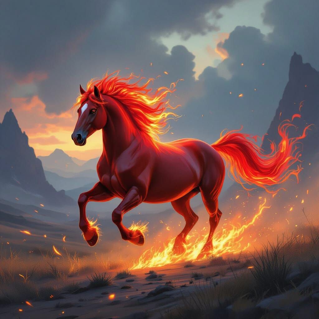 Fiery Red Horse Galloping Through Mystical Landscape
