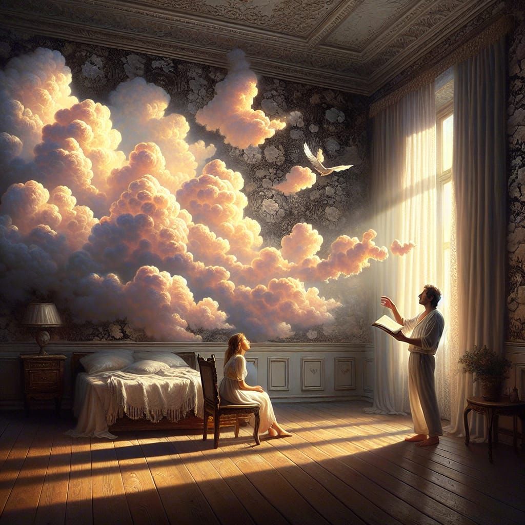 Ethereal Poetry Reading in Cloud-Filled Room