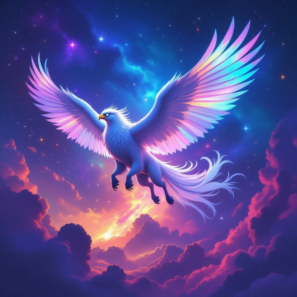 Griffin Soaring Through Nebula with Aurora Feathers