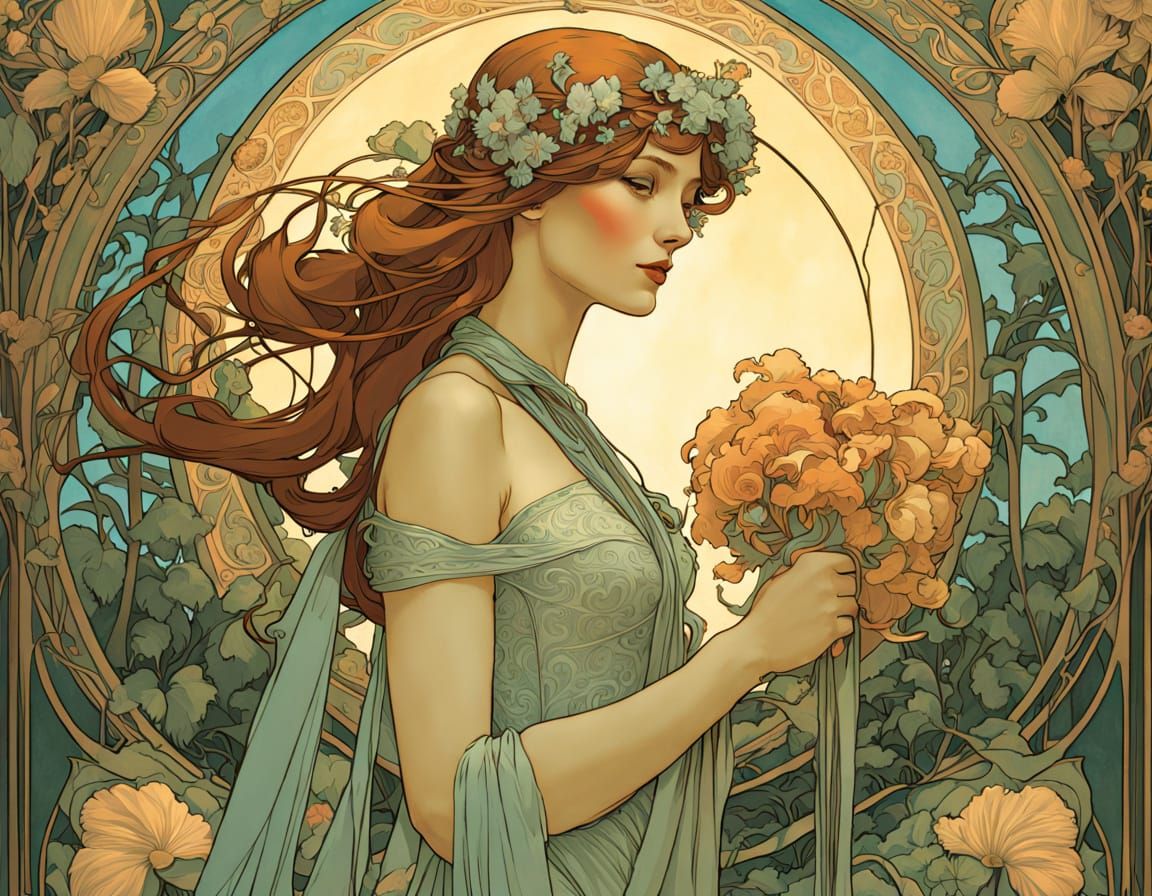 Art Nouveau Woman With Bioluminescent Flower in Mystical For...