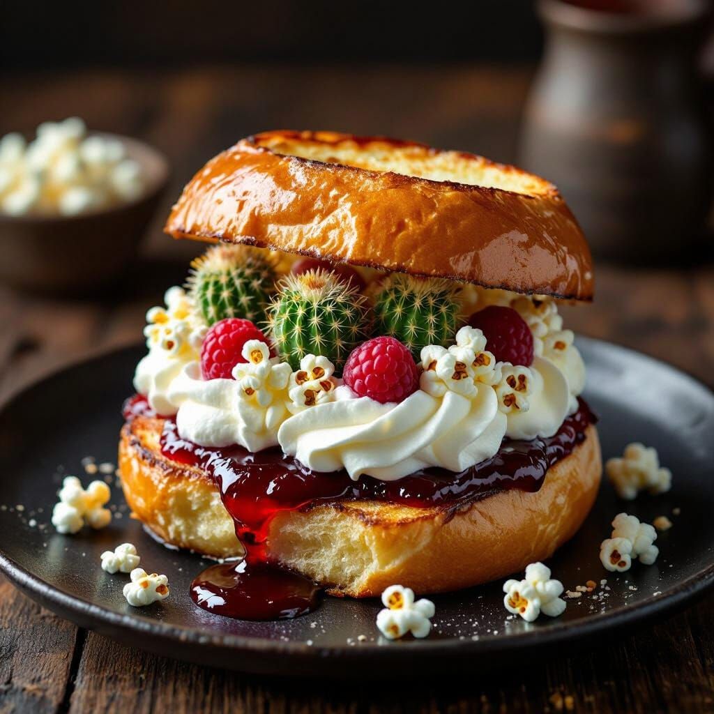 Invented Dessert Burger on Rustic Plate