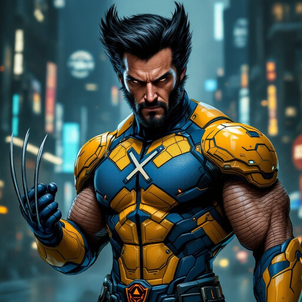 Wolverine in Sci-Fi Exosuit, Cyberpunk Cityscape