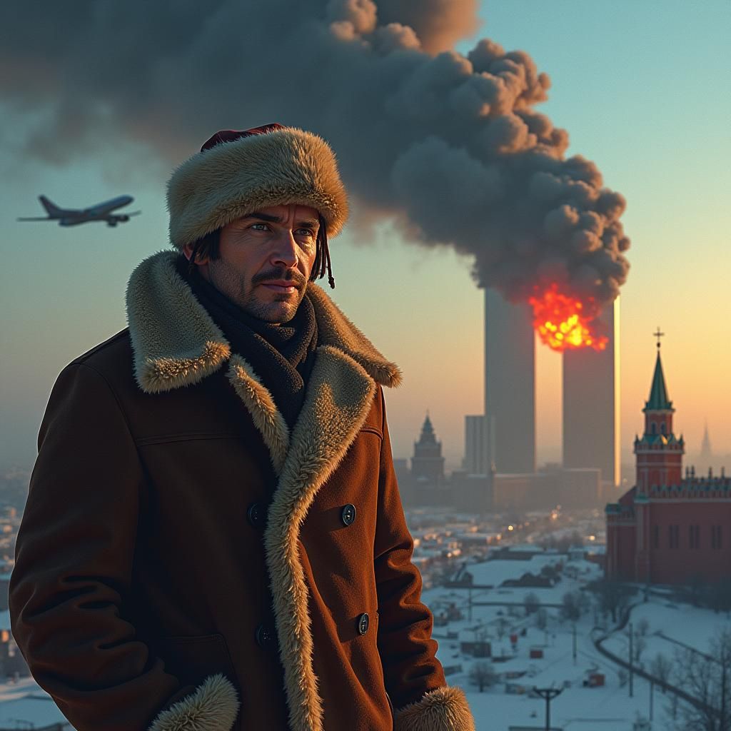 Dramatic 9/11 Backdrop with Man in Fur Coat