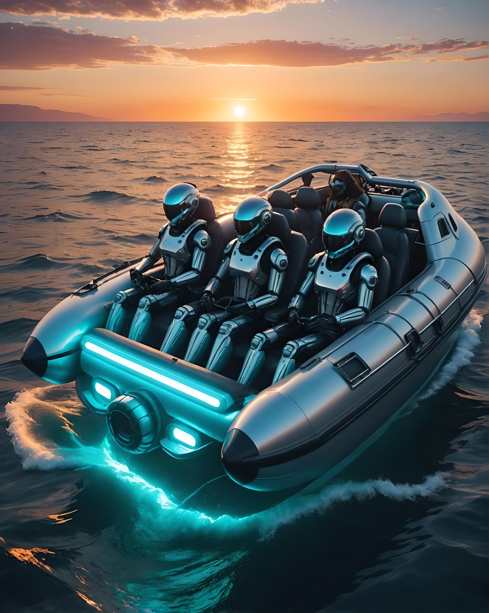 Hyperrealistic Cyborgs Speedboat Sunset