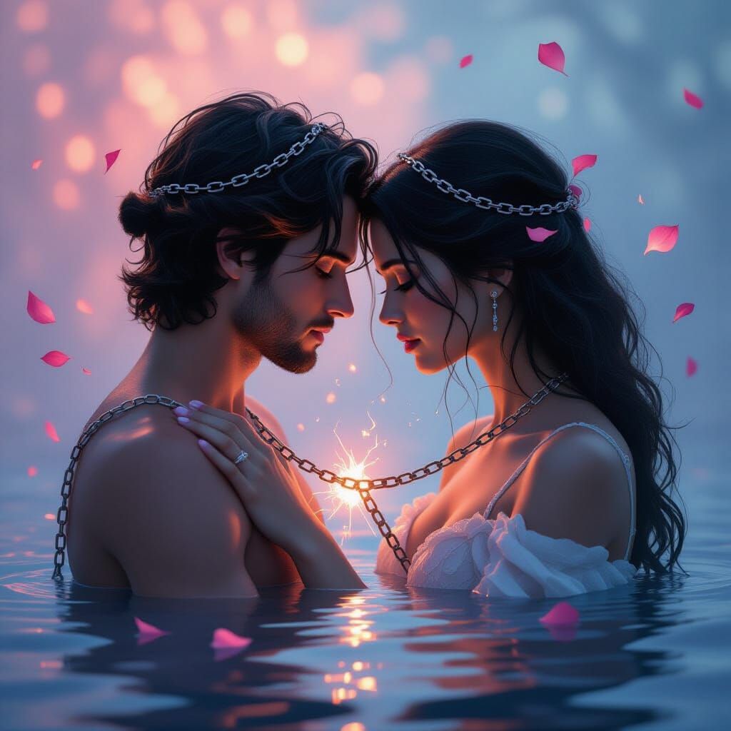 Surreal Figures Bound by Glowing Chains in Dreamlike Setting