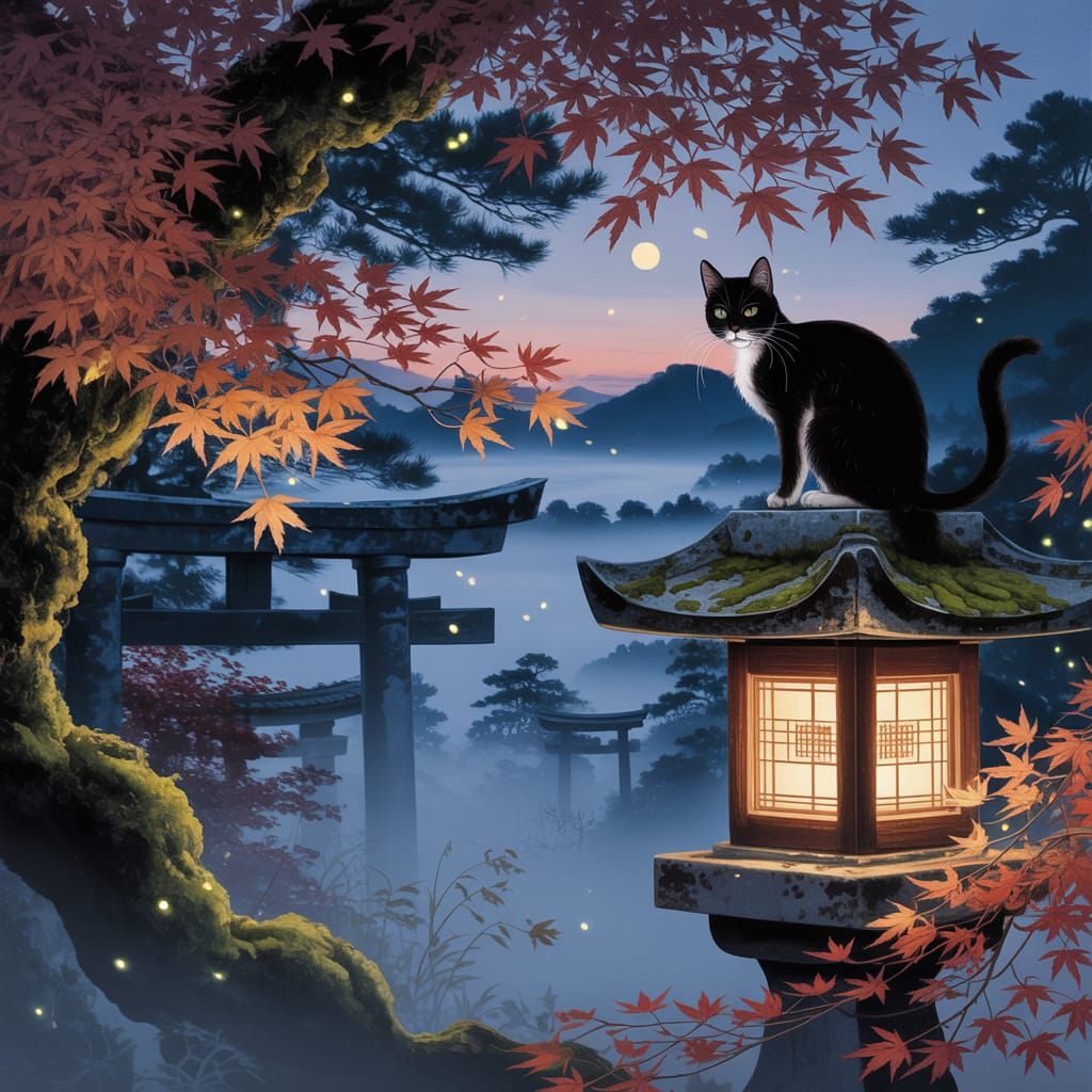 Ukiyo-e Twilight Shrine with Cat and Autumn Leaves