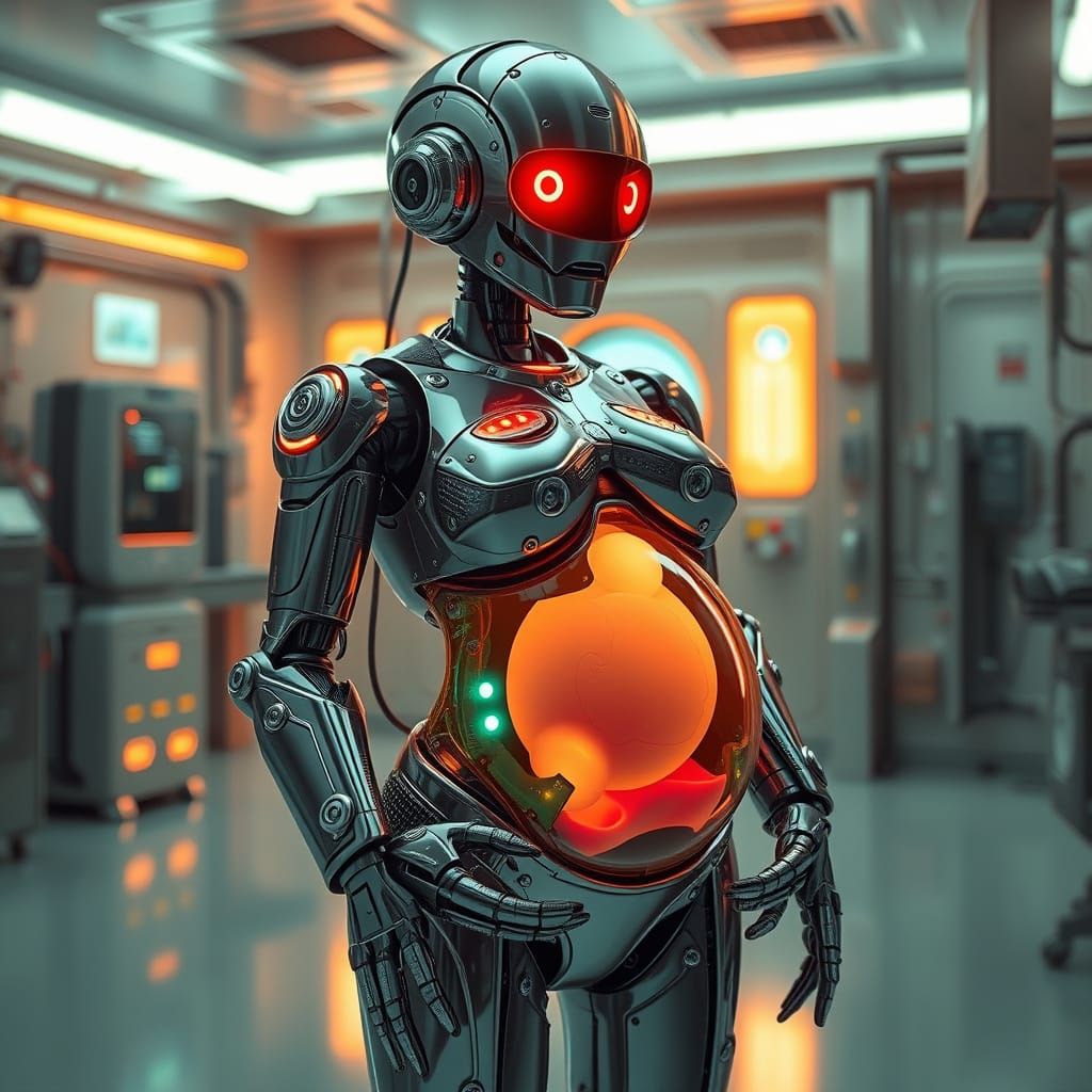 A pregnant robot with a transparent belly.