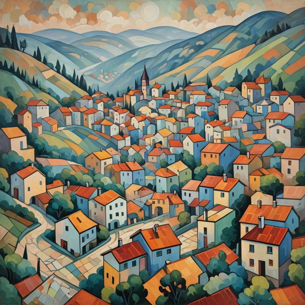 Cubist Village Landscape in Fauvist Colors