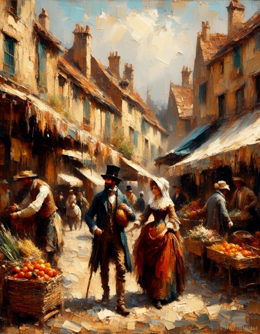 Couple Strolling Through 1800s European Marketplace