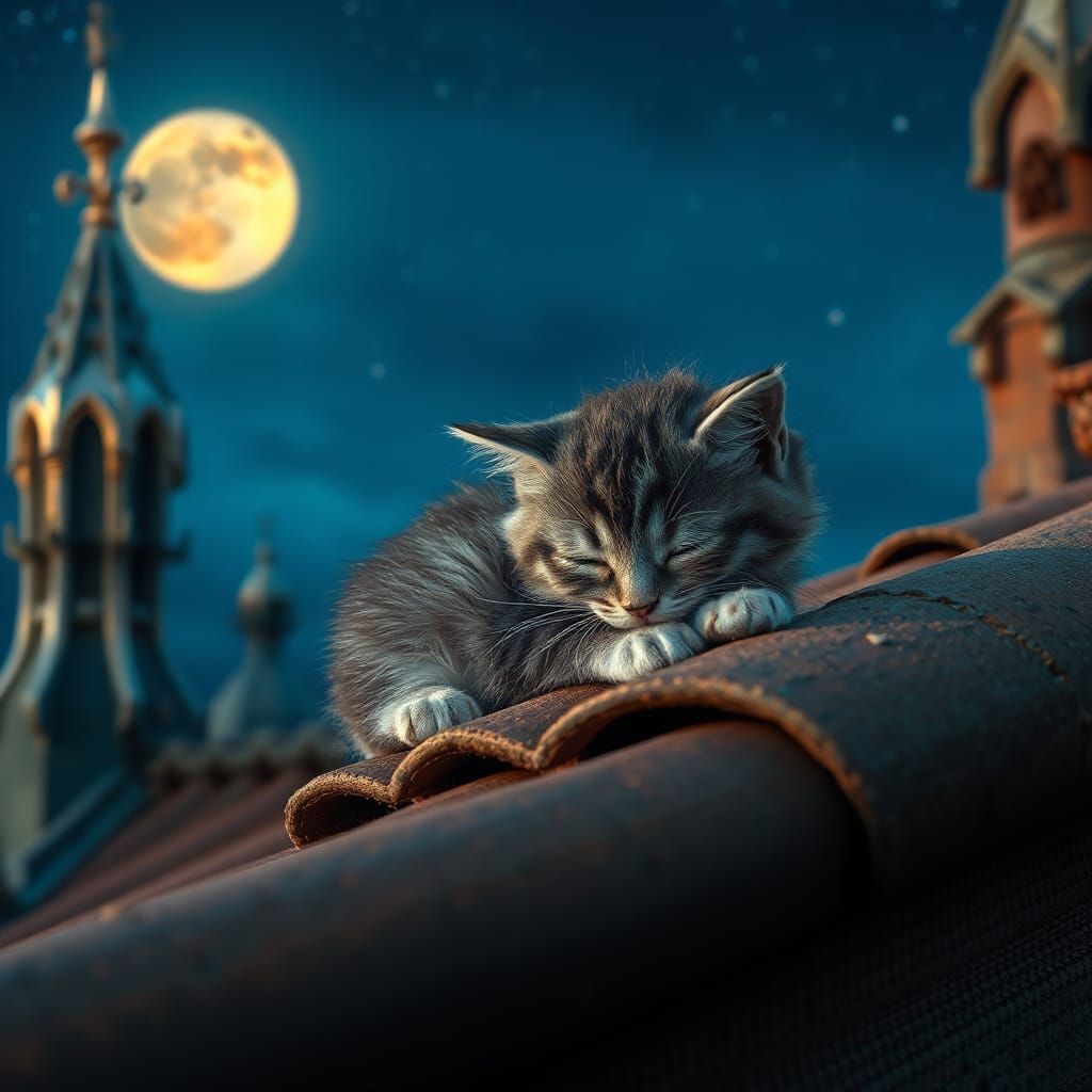 Kitten Asleep Under Starry Gothic Sky