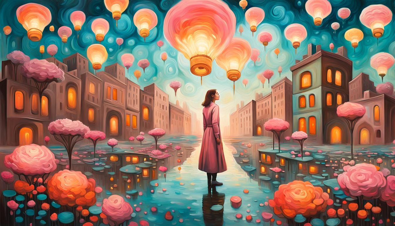 Dreamlike Cityscape with Melting Flowers, in Surrealist Styl...
