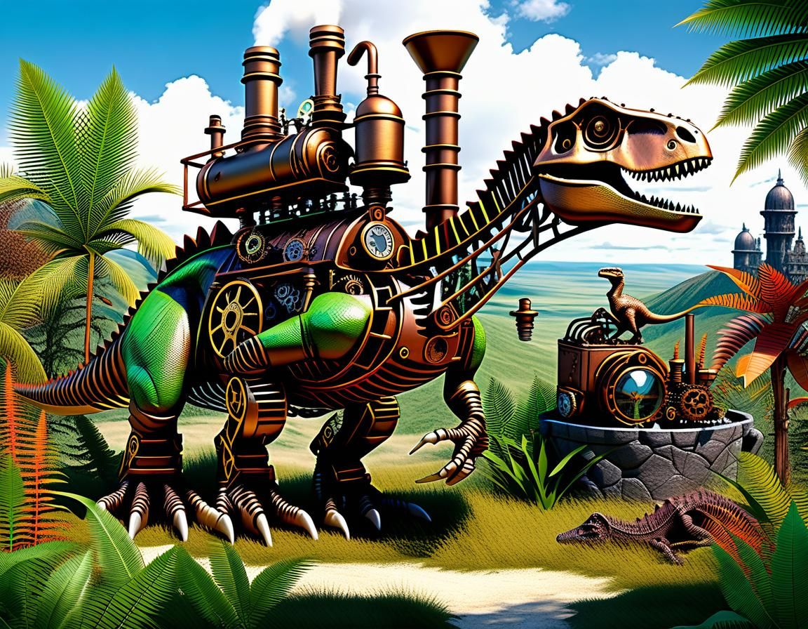 Steampunk Dinosaur World with Detailed Engine