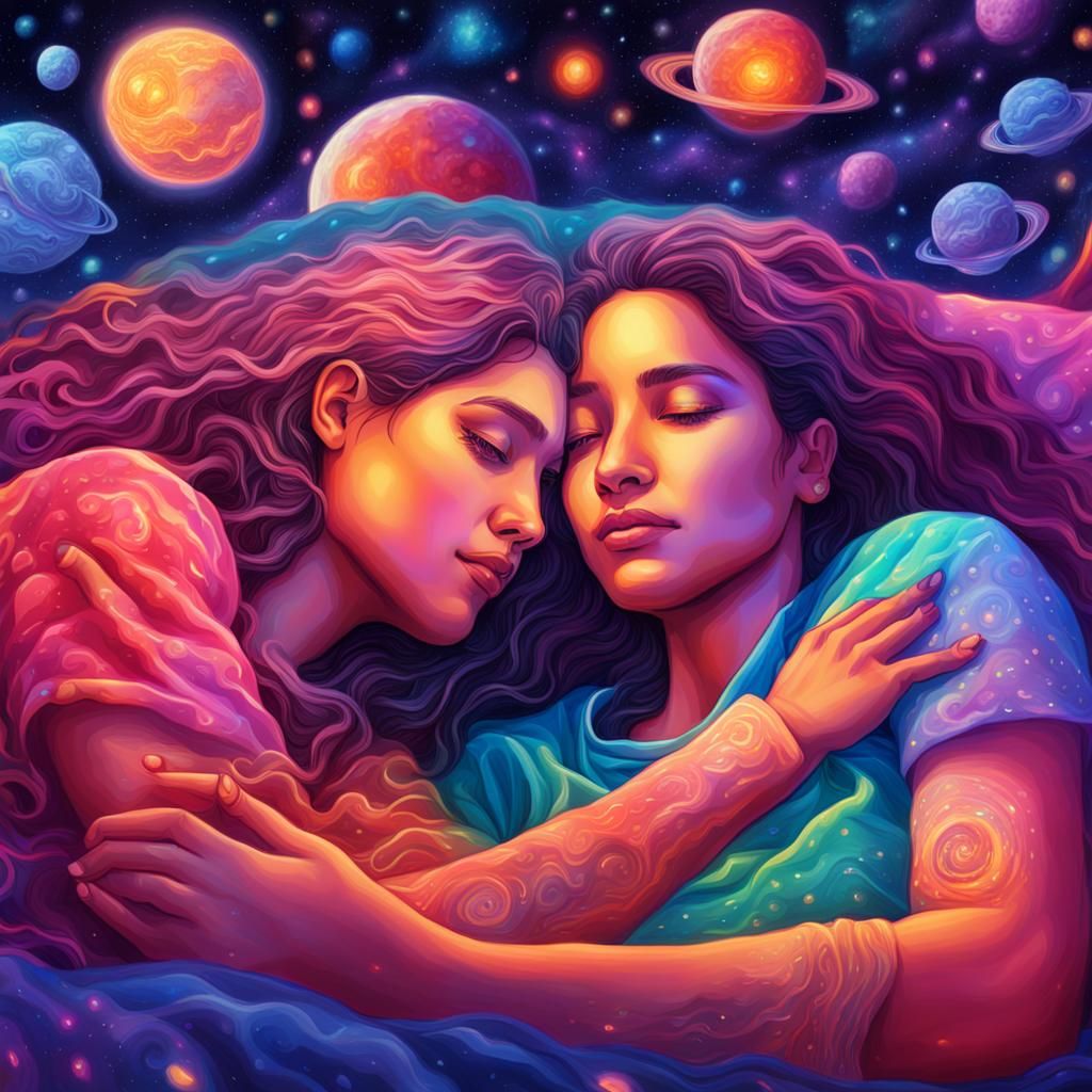 Lesbians Cuddling: Holographic Astral Cosmic Illustration