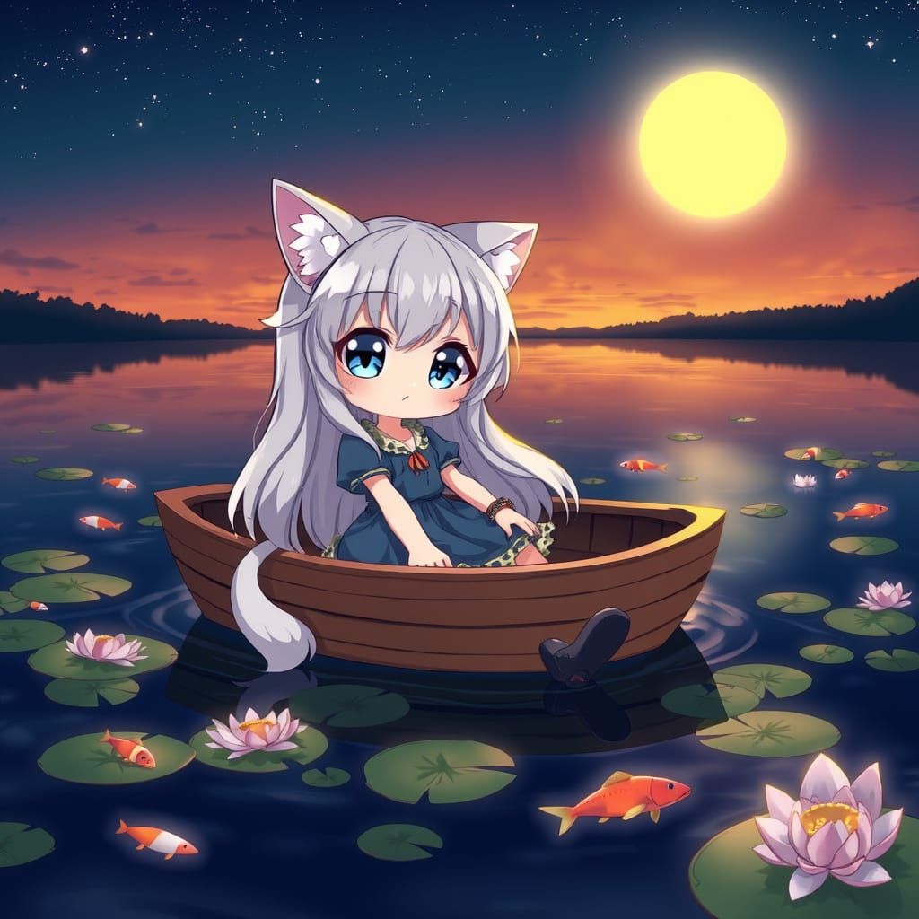 Adorable Anime Catgirl in Sunset Lake Scene