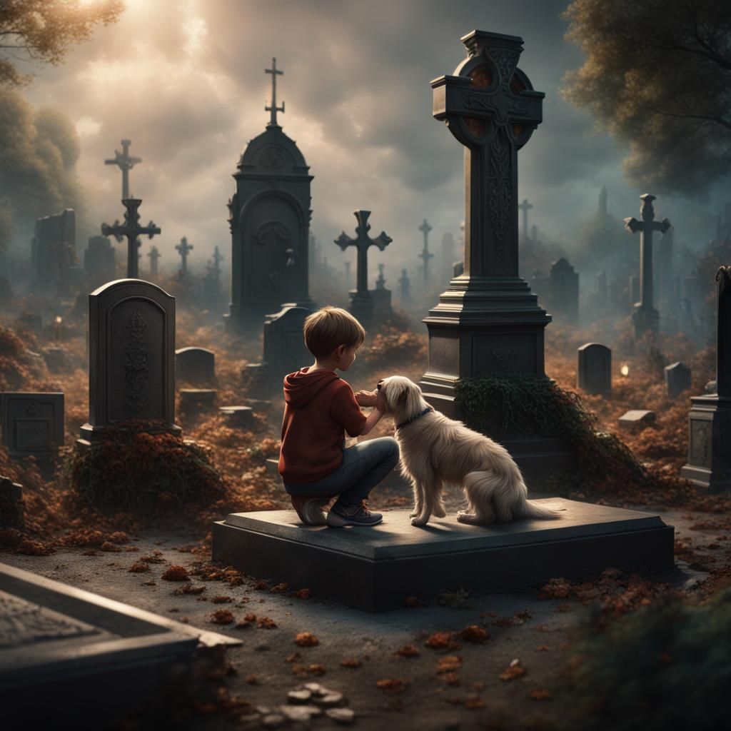 Boy Mourns at Parents' Grave: Detailed Matte Painting