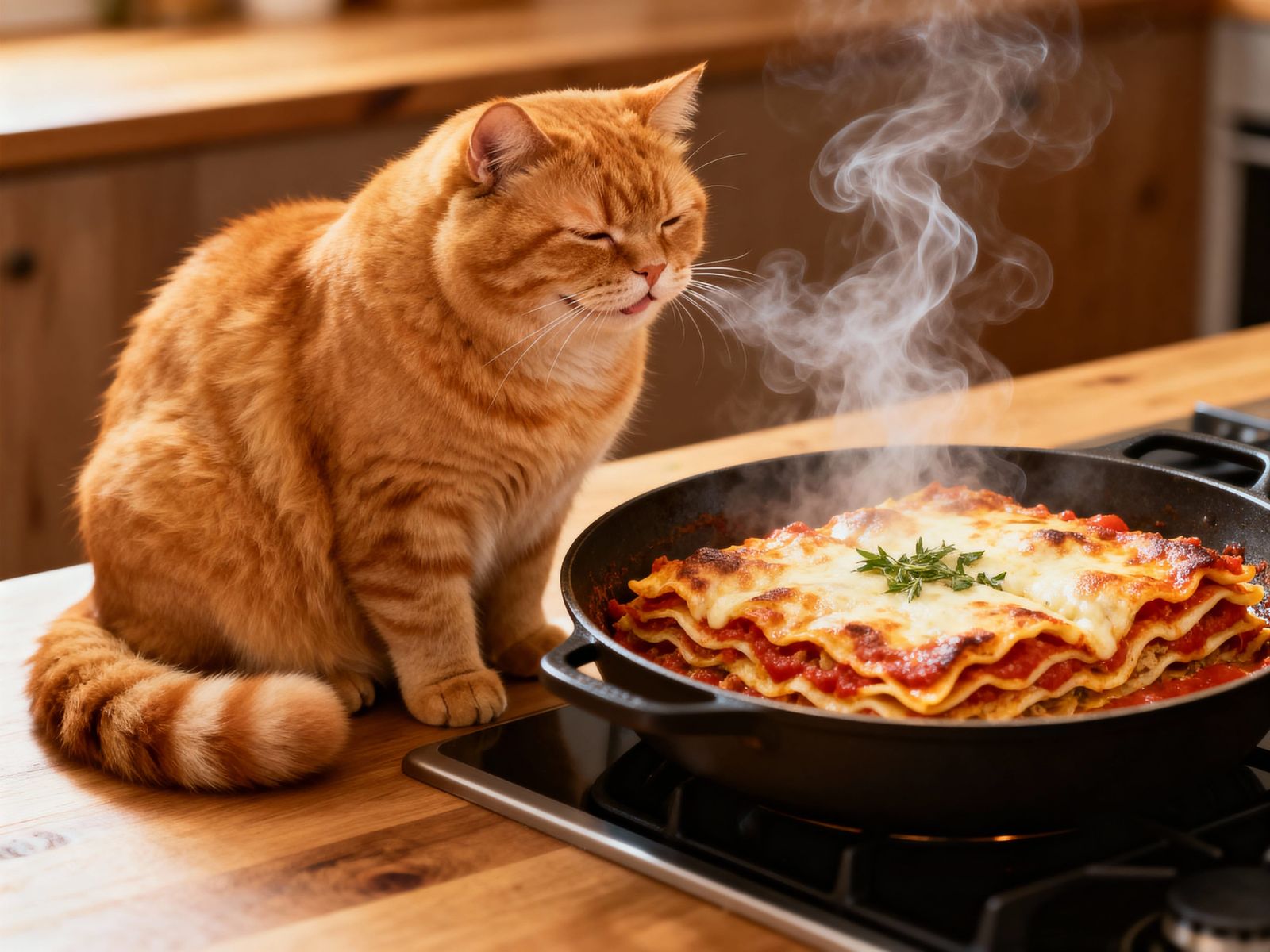 Photorealistic Fat Orange Cat Enjoys Lasagna