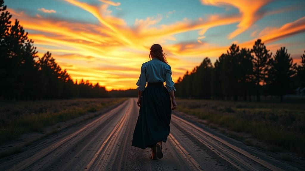 Woman Walks Towards Sunset in Photorealistic Style