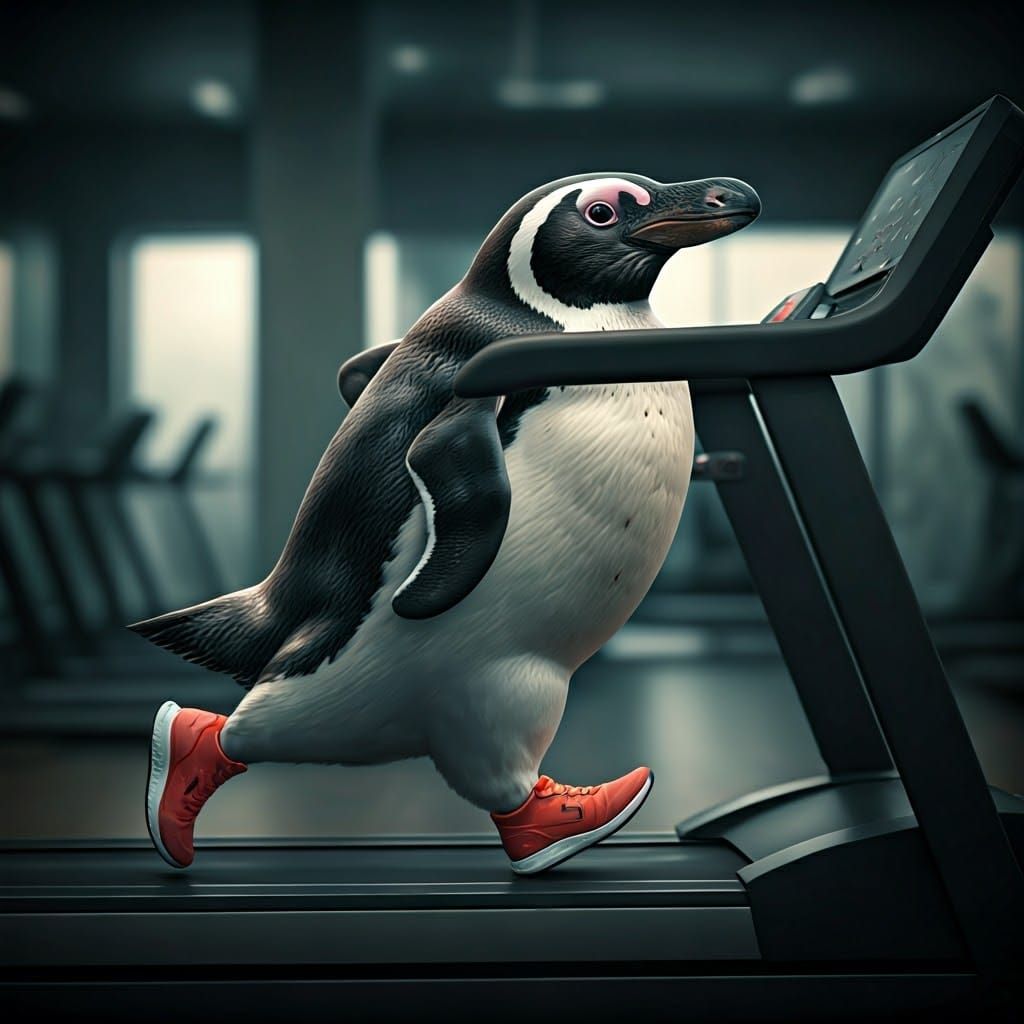 Penguin on Treadmill in Fitness Center