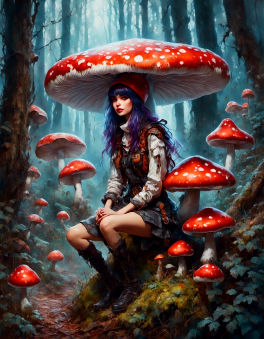 Cute Mushroom Girl in Forest: Gouache Painting