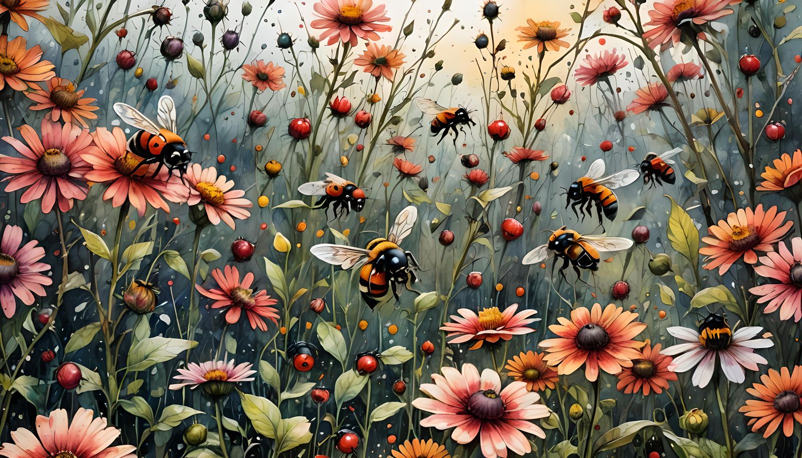 Watercolor Ladybugs and Bees in Floral Landscape