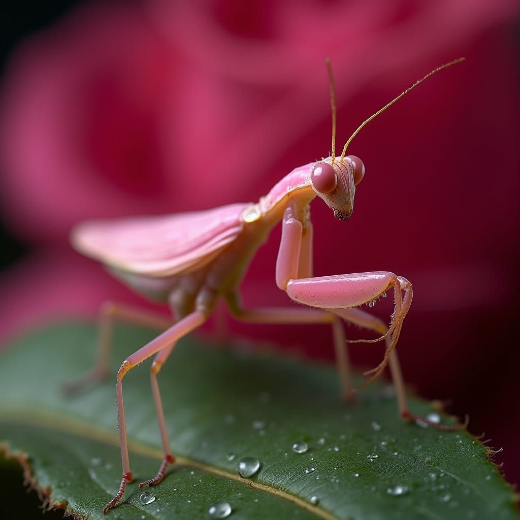 Vibrant Pink Mantis on Dewy Rose Petal