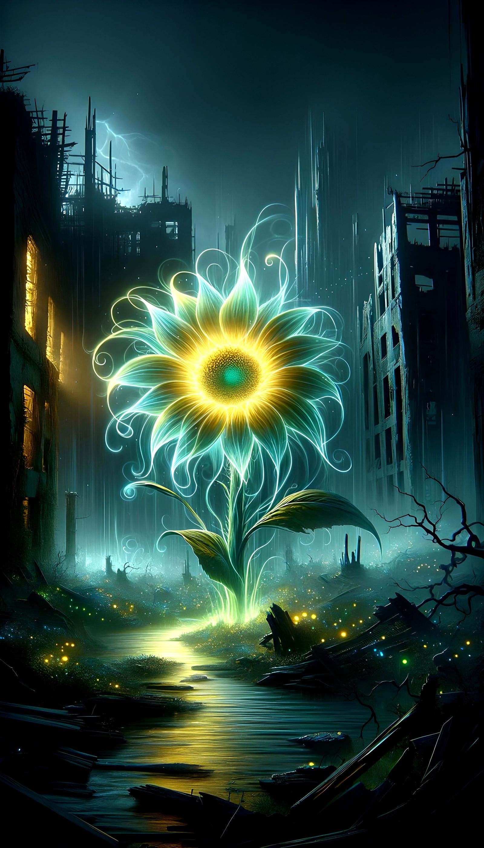 Bioluminescent Sunflower Illuminates Ghostly Ruins