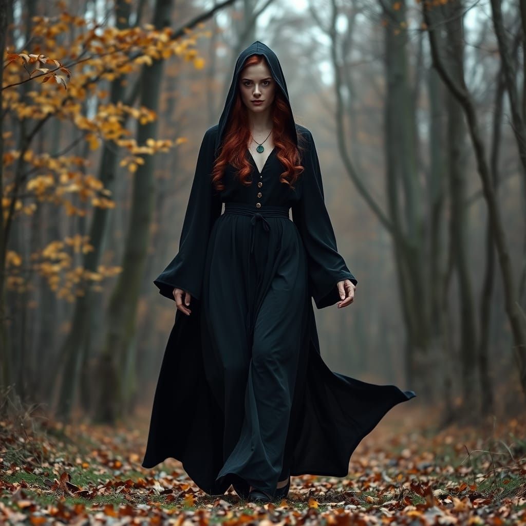 Gothic Witch in Autumn Forest with Flowing Robes