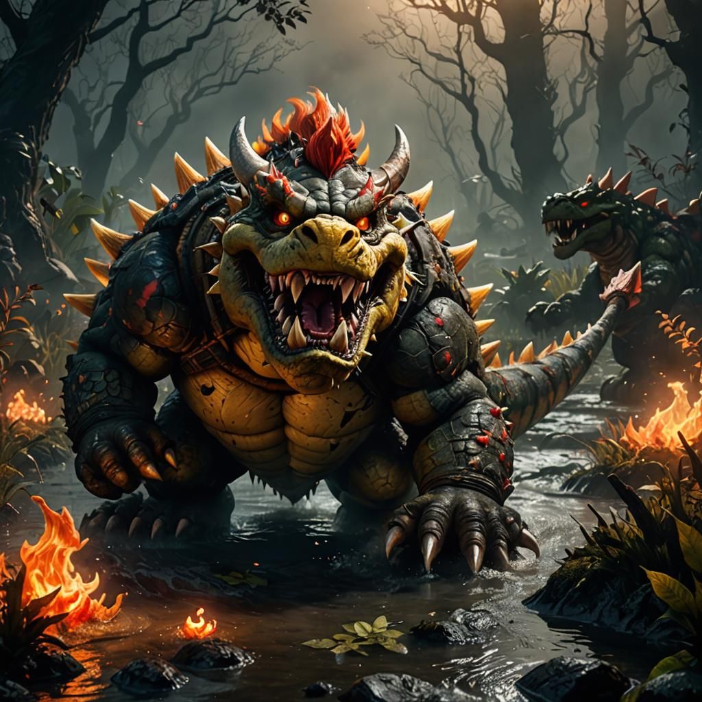 Realistic Bowser Roars in Mystical Swamp