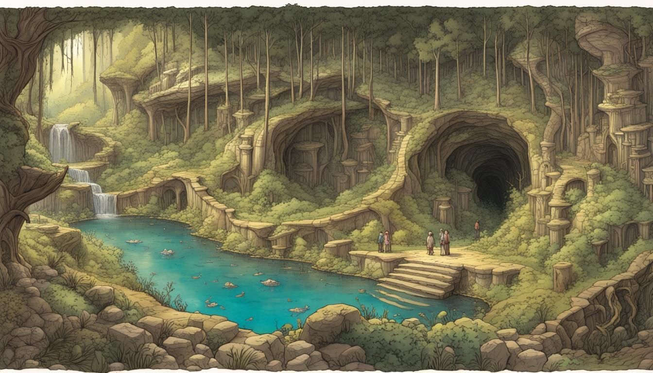 Underground World Illustration with Glow Worms and Lush Gard...