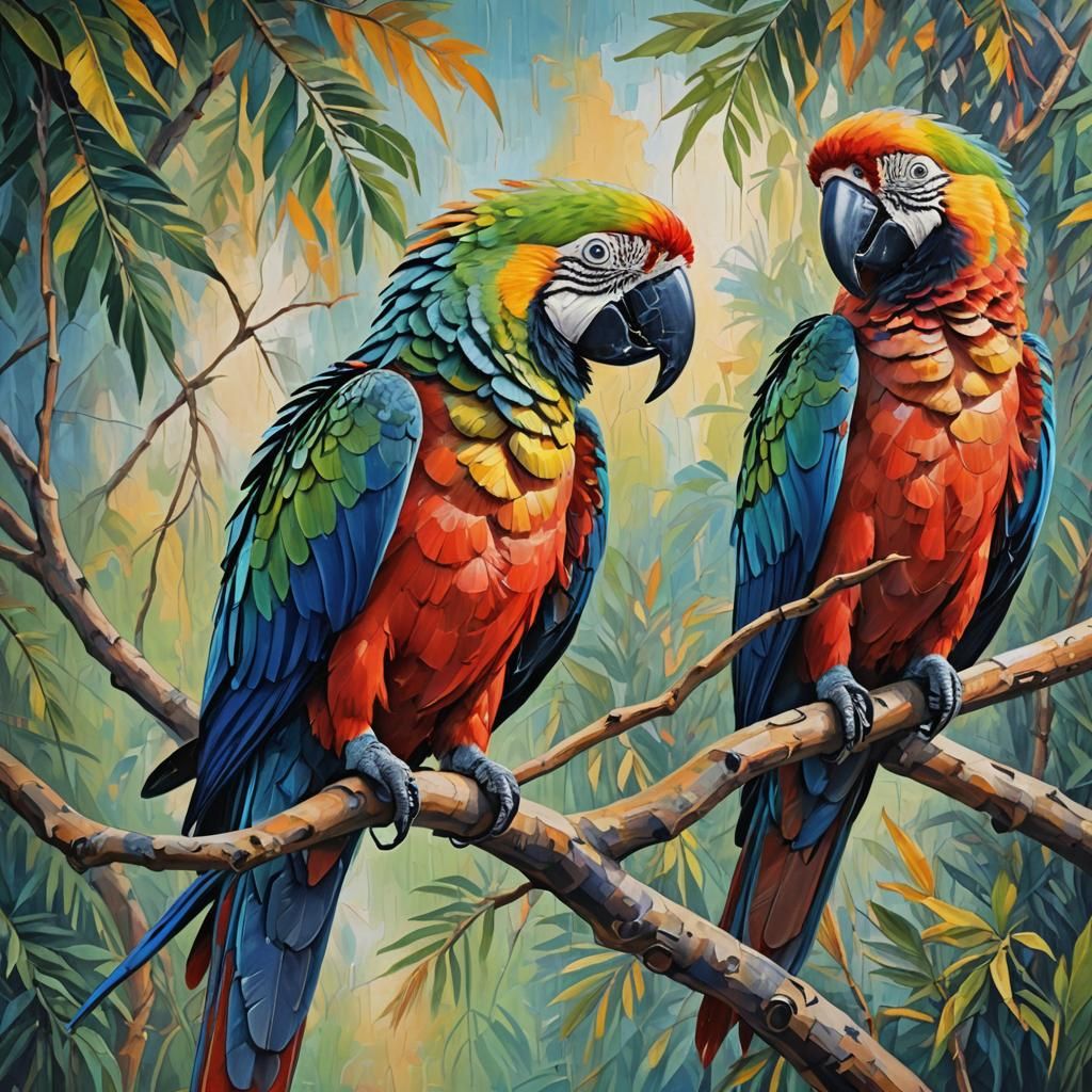 Colorful Macaws Chalk Art Neo-Impressionist Oil Painting