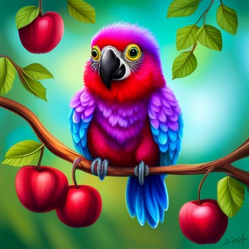 Purple Parrot Chicks on Apple Tree: Fantasy Art