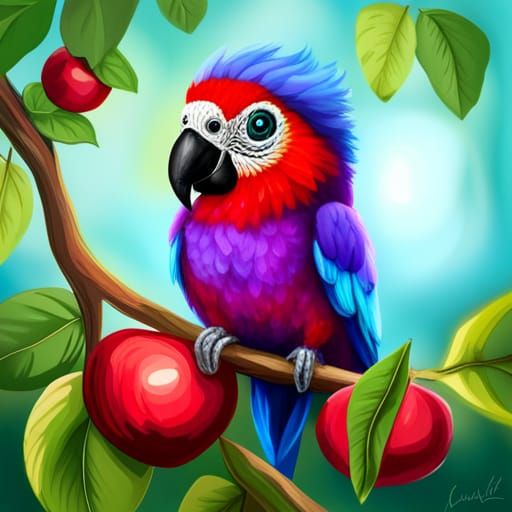 Knitted Purple Parrot Chicks on Apple Tree