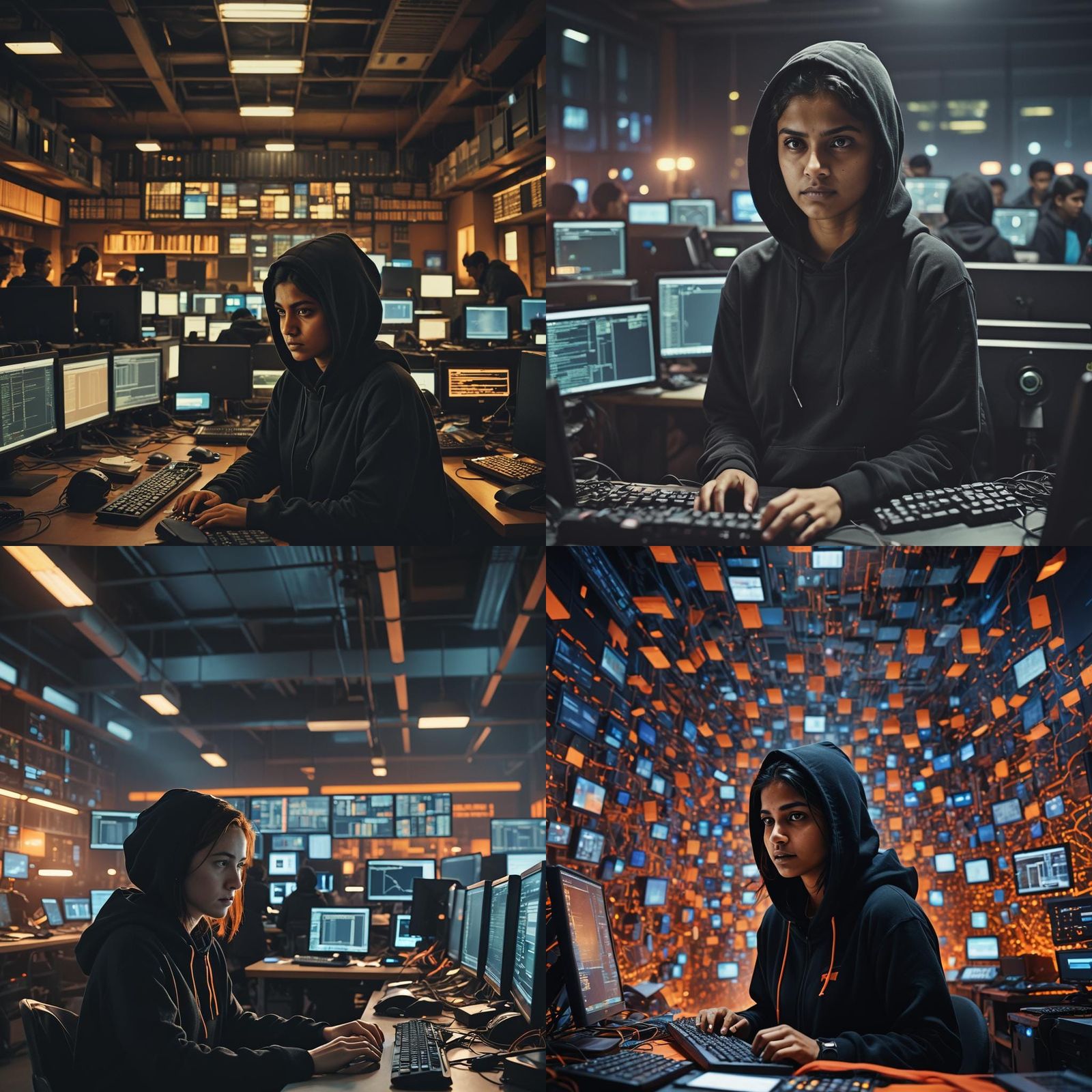 Indian Hacker in Hoodie with Computers, Cinematic Film