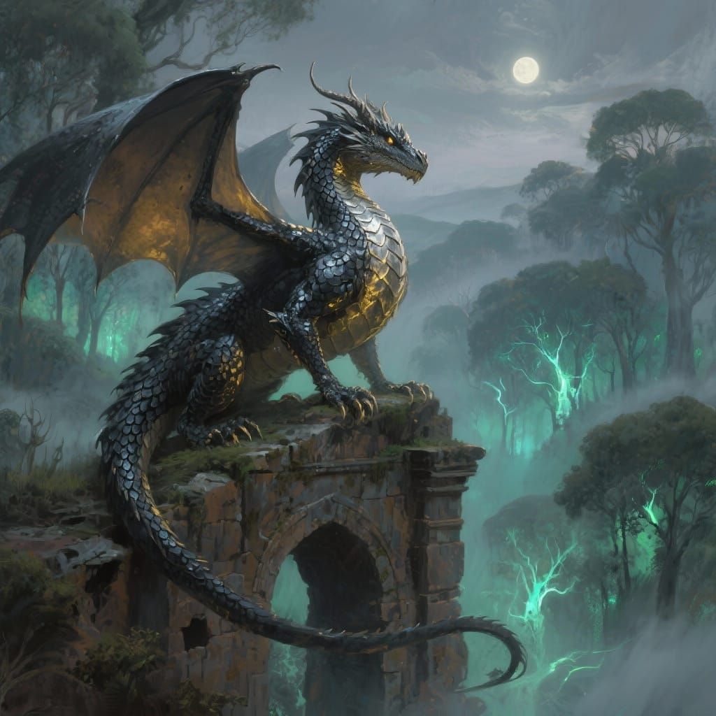 Majestic Dragon Overlooking Mystical Forest in Painterly Sty...