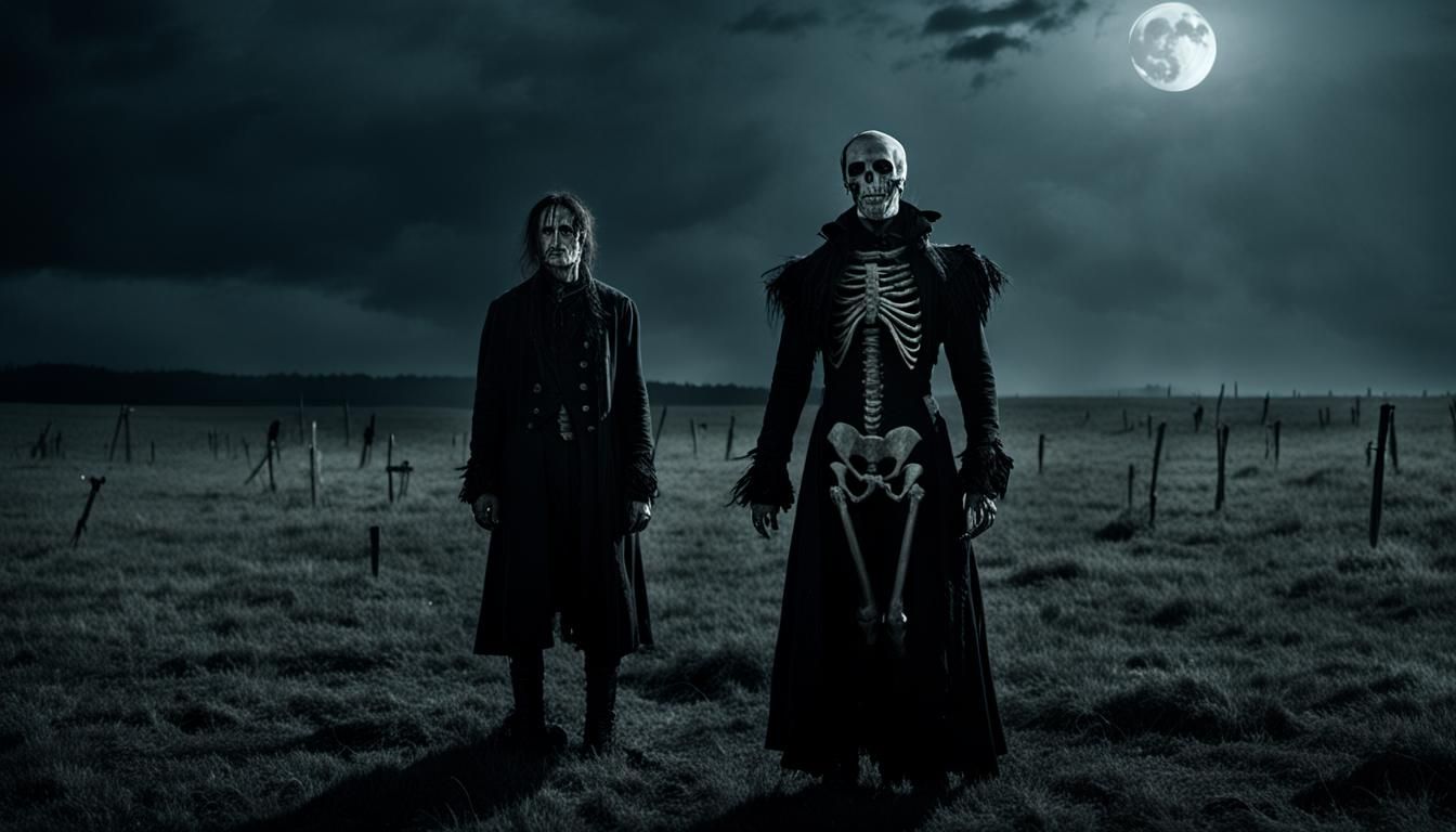 Grim Dark Performer in Stormy Field, Gothic Style