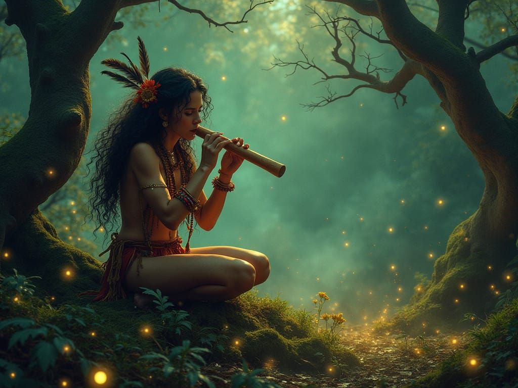Surreal Shaman Woman Plays Flute in Enchanted Forest at Twil...