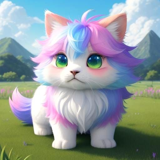 Adorable Fluffy Fantasy Creature in Rainbow Field