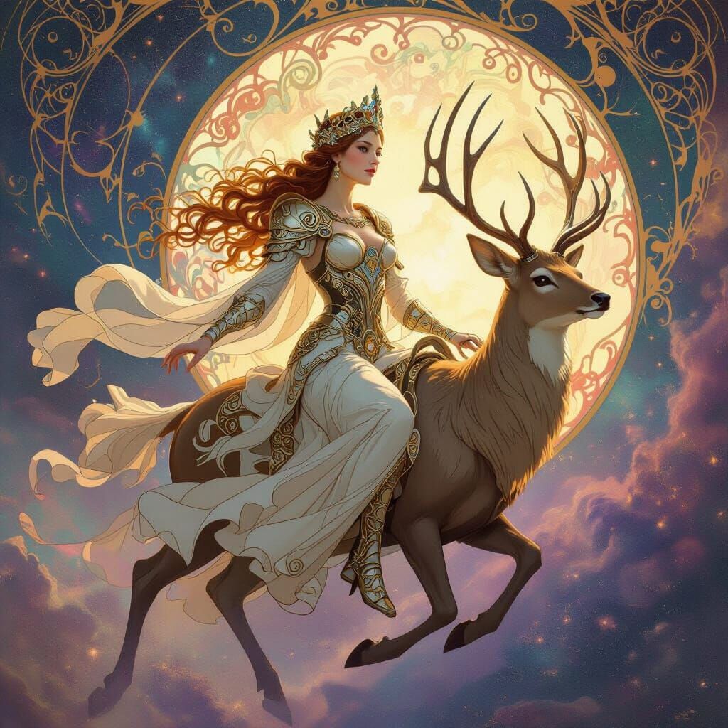 Queen on Celestial Deer Amidst Nebula in Art Nouveau Style