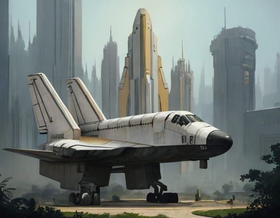 Heroic Space Shuttle Model in a Retrofuturistic Garden Setti...