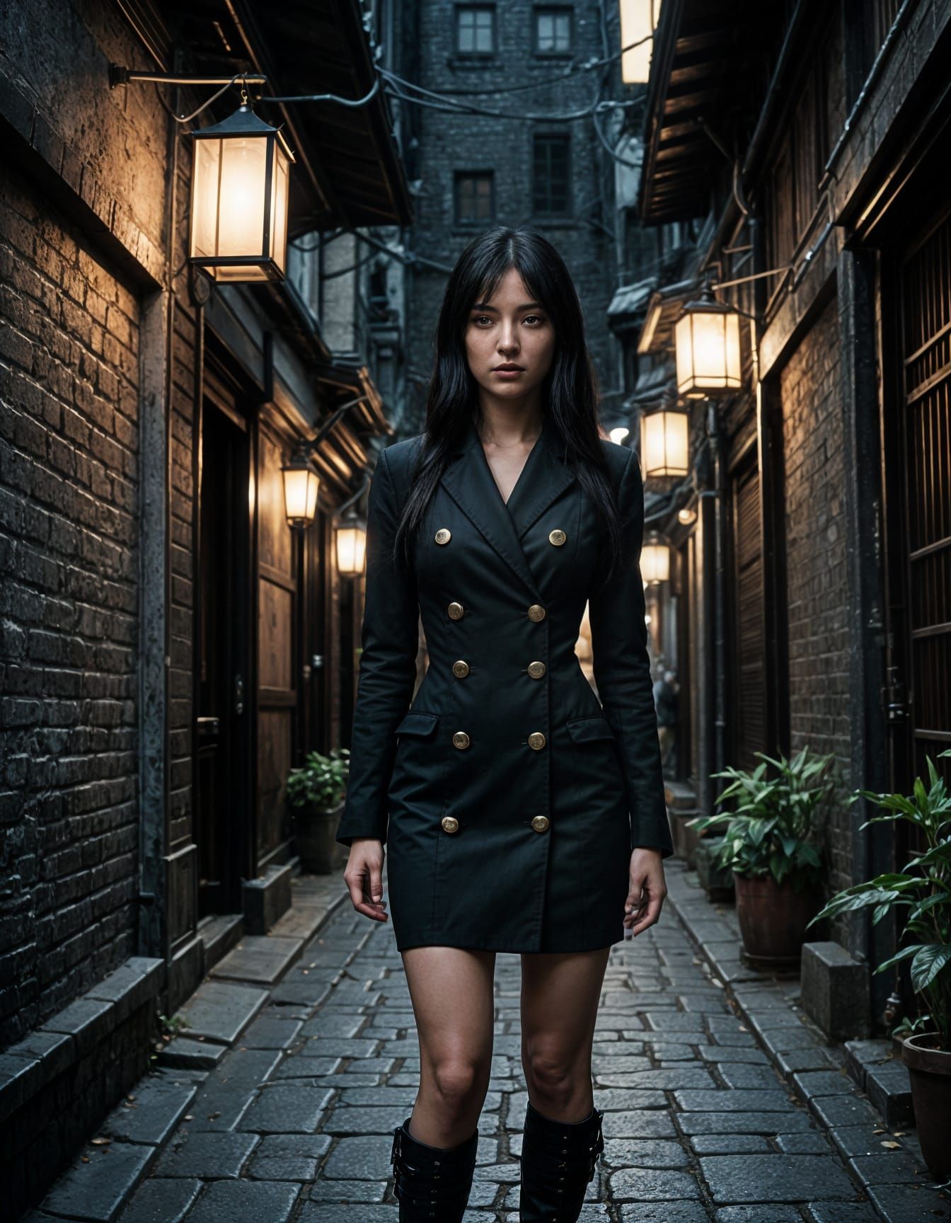 Gothic Aetherpunk Woman in Kyoto Alleyway