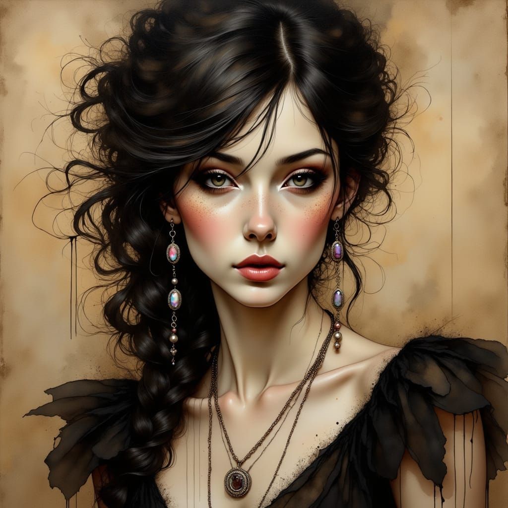 Ethereal Portrait of a Raven-Haired Beauty in Golden Light