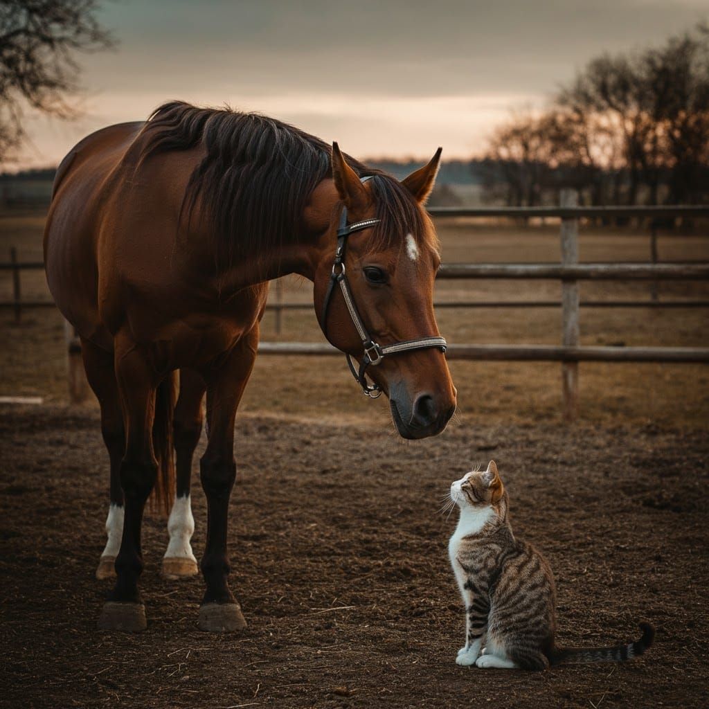 Horse and Cat: A Cinematic Film Still
