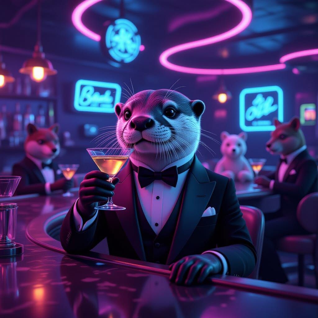 Otter in Tuxedo at Futuristic Bar, Hyperrealistic