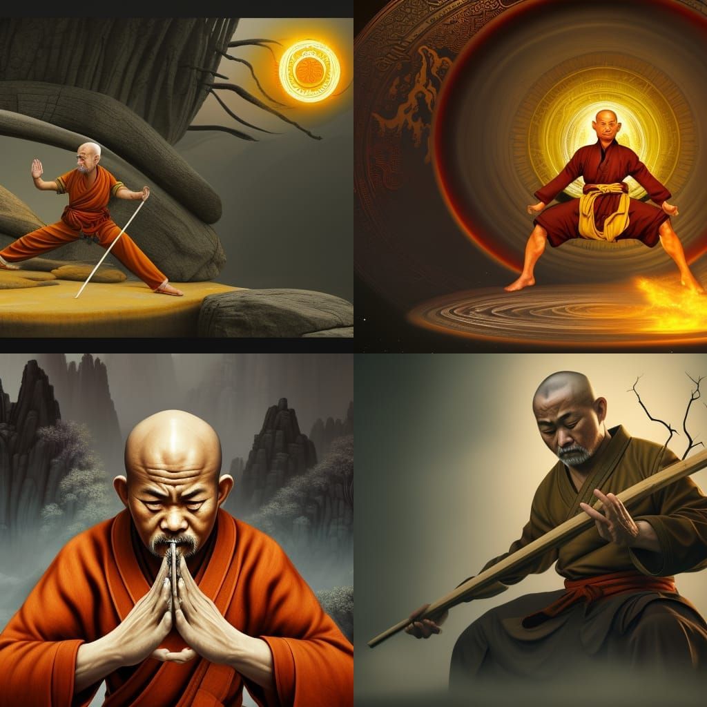 shaolin master, old man, meditate, yin-yang symbol, detailed, 8k, high resolution, detailed matte painting, deep color, ...