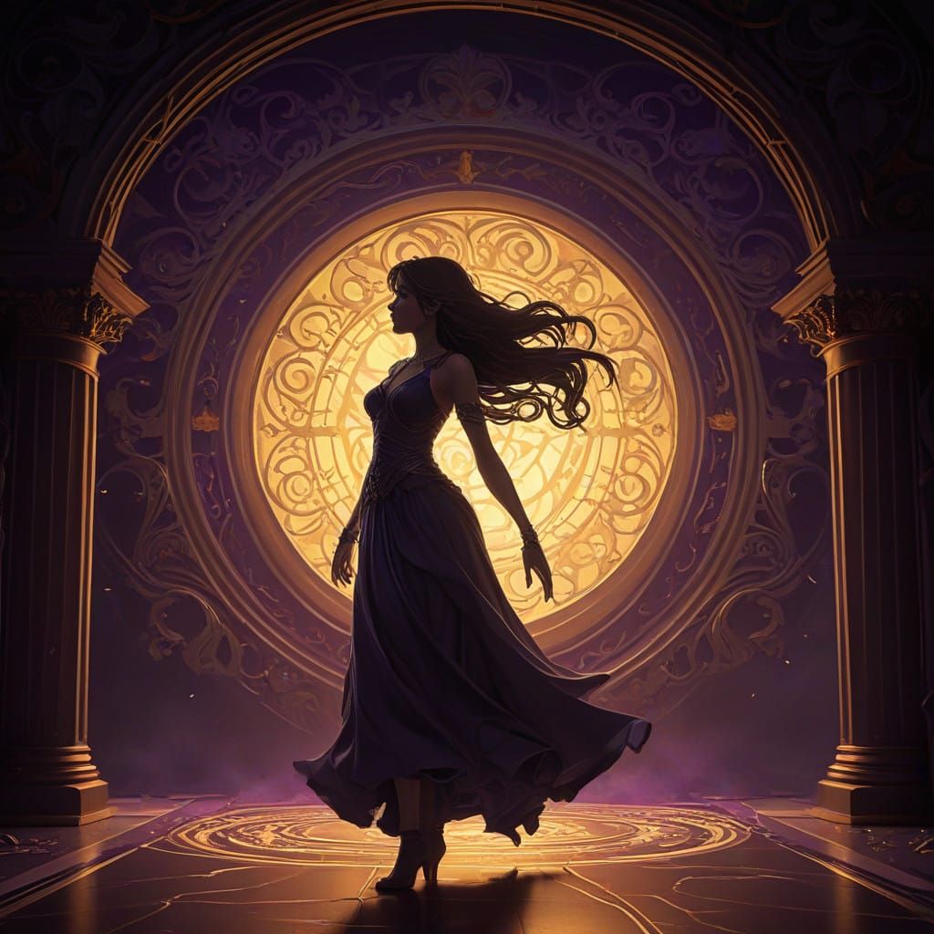 Whimsical Shadow Theatre with Eerie Ball and Silhouetted Fig...