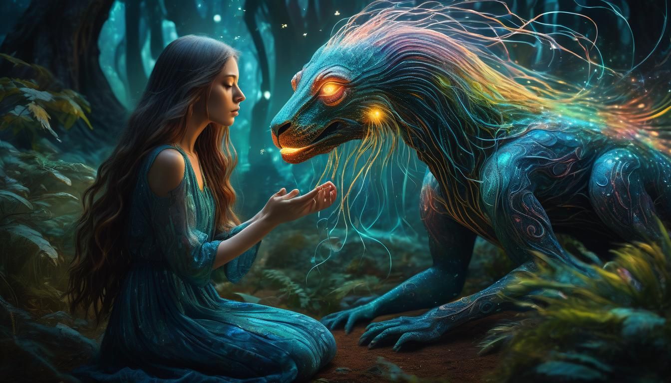 Surreal Woman with Rhytidocaulon Creature in Dreamlike Art